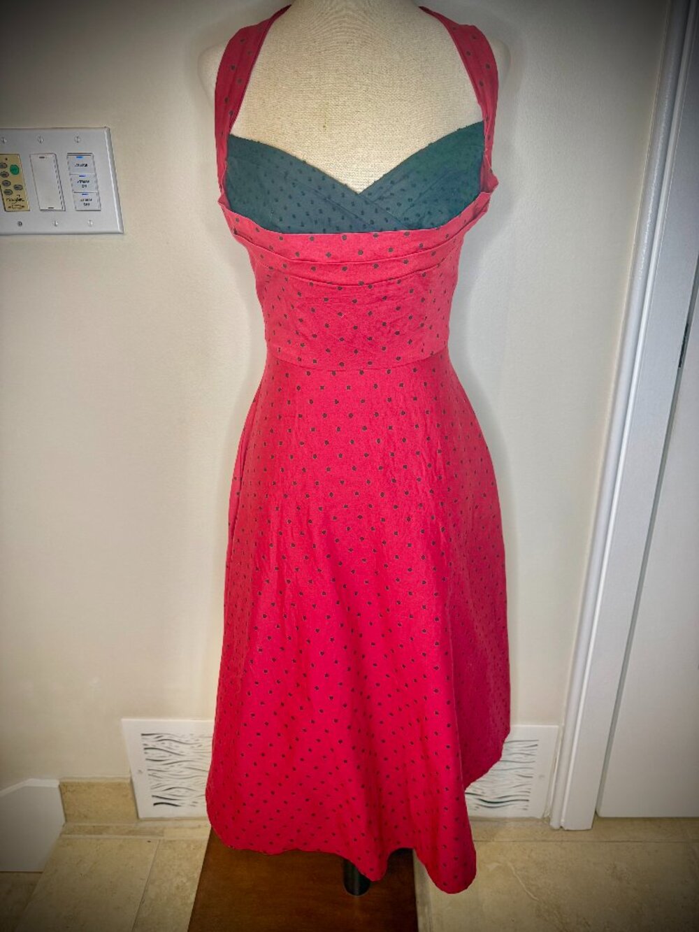 Stop Staring Retro Pinup Halter Swing Dress - Red w/ Black Polka Dots - Small